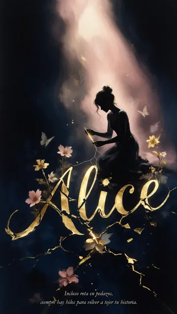 Alice diseño 6 - Composición de ilustración semirrealista cinematográfica con silueta femenina tejiendo un hilo dorado de luz sobre un suelo oscuro fracturado al estilo Kintsugi, donde el nombre resalta en un prominente guión caligráfico dorado que emerge de las grietas, rodeado de flores blancas, mariposas y un fondo degradado de azules profundos iluminado por una luz celestial en tonos melocotón y crema, con una frase de aliento en tipografía blanca en la parte inferior.