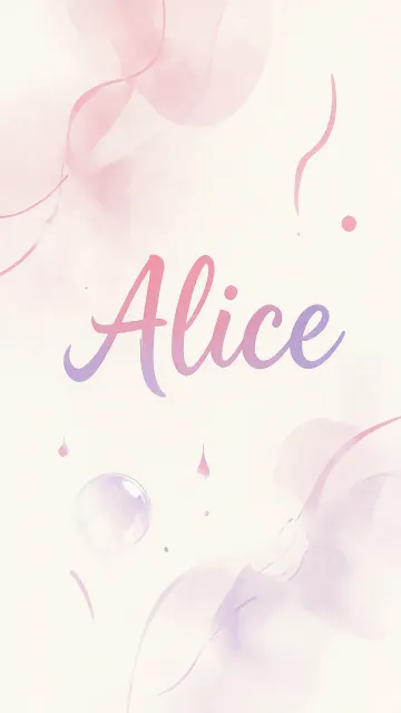 Alice diseño 7 - Diseño abstracto en acuarela sobre fondo crema, con manchas fluidas y etéreas en rosa pastel y lila, líneas curvas que aportan movimiento, pequeñas gotas salpicadas cayendo verticalmente y una burbuja translúcida en la parte superior izquierda. El nombre resalta al centro con una tipografía cursiva amplia y elegante en degradado rosa a morado.