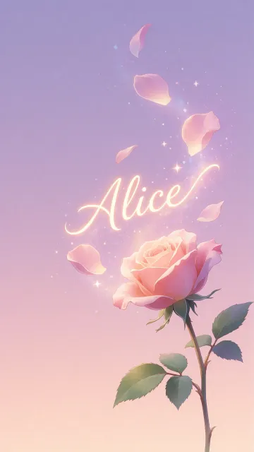 Alice diseño 8 - Fondo de Pantalla con degradado suave que transiciona de lila en la parte superior a melocotón y rosa pastel en la base, destacando una rosa rosada hiperrealista con tallo y hojas verdes. El nombre brilla en tipografía cursiva con efecto neón cálido, adornado con pétalos cayendo y chispas de luz mágica.