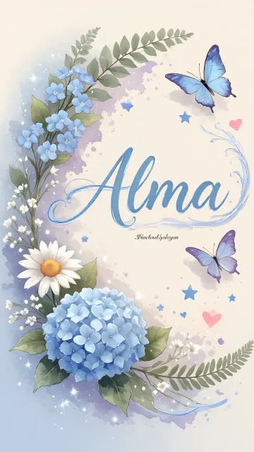 Alma diseño 1 - Hortensias azules, flores pequeñas y acuarela suave con mariposas azules y brillo etéreo