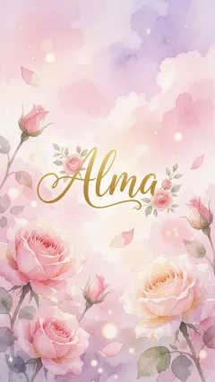 Alma - Diseño estilo acuarela con un fondo etéreo y texturizado en nubes de tonos rosa pastel y lila suave. Presenta composiciones de rosas abiertas y capullos en los bordes inferior y superior, con pétalos cayendo delicadamente. Incorpora destellos de luz cálida (efecto bokeh) y, en el centro, resalta una tipografía elegante, cursiva y fluida en color dorado.