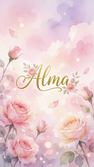 Alma diseño 10 - Diseño estilo acuarela con un fondo etéreo y texturizado en nubes de tonos rosa pastel y lila suave. Presenta composiciones de rosas abiertas y capullos en los bordes inferior y superior, con pétalos cayendo delicadamente. Incorpora destellos de luz cálida (efecto bokeh) y, en el centro, resalta una tipografía elegante, cursiva y fluida en color dorado.