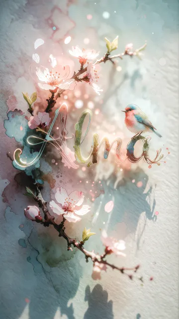 Alma diseño 11 - Un delicado diseño de estilo acuarela digital que combina una tipografía de caligrafía personalizada para el nombre en tonos dorados y rosados suaves, adornada con pequeñas hojas y brotes. Un pajarito azul y naranja vibrante está posado en una de las letras. Todo está rodeado por un marco circular de ramas de cerezo en flor con delicadas flores rosadas y blancas. El fondo es un lavado de acuarela difuminado en tonos pastel suaves de azul cerceta, rosa rubor y melocotón sobre una textura de papel rugoso, con destellos luminosos y motas de luz bokeh flotando alrededor, creando una atmósfera mágica y soñadora. Las sombras suaves proyectadas añaden profundidad.