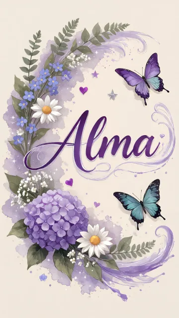 Alma diseño 2 - Diseño elegante de hortensias en tonos lila y morados suaves, con volutas estilizadas y una mariposa mística que aporta un toque etéreo y mágico.