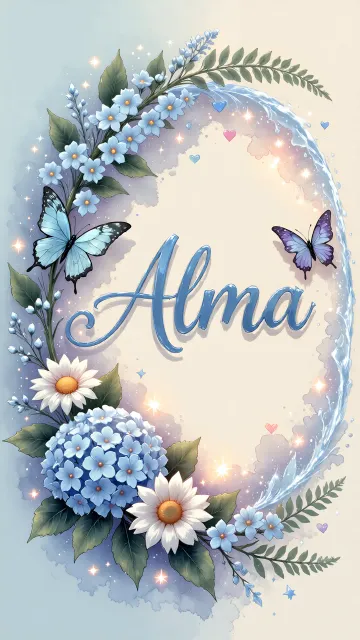 Alma diseño 4 - Composición magica con nombre en letra cursiva azul, rodeado de hortensias azules, margaritas blancas y delicadas flores silvestres, enmarcado por suaves remolinos de agua, mariposas azules y destellos estelares sobre un fondo etéreo y romántico.