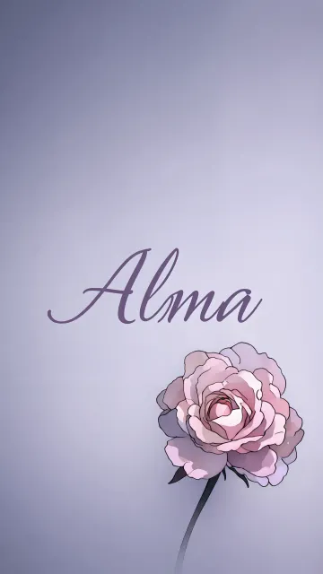 Alma diseño 5 - Nombre en elegante tipografía cursiva caligráfica en tono lavanda, sobre fondo acuarela de cielo nublado en tonos pastel (azul, blanco, lavanda), decorado con rosa en acuarela de pétalos rosa pálido, blanco crema y lilas suaves con hojas en gris-verde.