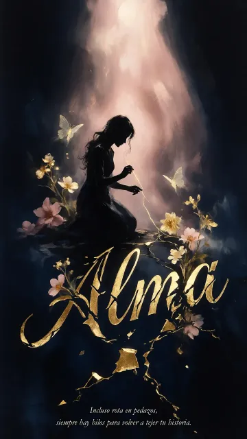 Alma diseño 6 - Composición de ilustración semirrealista cinematográfica con silueta femenina tejiendo un hilo dorado de luz sobre un suelo oscuro fracturado al estilo Kintsugi, donde el nombre resalta en un prominente guión caligráfico dorado que emerge de las grietas, rodeado de flores blancas, mariposas y un fondo degradado de azules profundos iluminado por una luz celestial en tonos melocotón y crema, con una frase de aliento en tipografía blanca en la parte inferior.