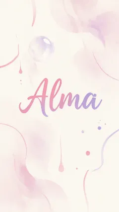 Alma - Diseño abstracto en acuarela sobre fondo crema, con manchas fluidas y etéreas en rosa pastel y lila, líneas curvas que aportan movimiento, pequeñas gotas salpicadas cayendo verticalmente y una burbuja translúcida en la parte superior izquierda. El nombre resalta al centro con una tipografía cursiva amplia y elegante en degradado rosa a morado.