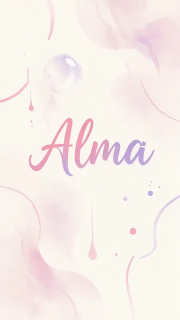 Alma diseño 7 - Diseño abstracto en acuarela sobre fondo crema, con manchas fluidas y etéreas en rosa pastel y lila, líneas curvas que aportan movimiento, pequeñas gotas salpicadas cayendo verticalmente y una burbuja translúcida en la parte superior izquierda. El nombre resalta al centro con una tipografía cursiva amplia y elegante en degradado rosa a morado.