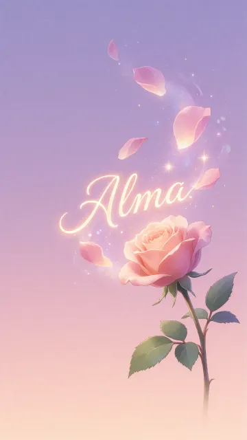 Alma diseño 8 - Fondo de Pantalla con degradado suave que transiciona de lila en la parte superior a melocotón y rosa pastel en la base, destacando una rosa rosada hiperrealista con tallo y hojas verdes. El nombre brilla en tipografía cursiva con efecto neón cálido, adornado con pétalos cayendo y chispas de luz mágica.