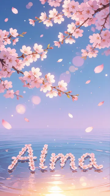 Alma diseño 9 - Composición serena y onírica con ramas de cerezo en flor (sakura) en la parte superior contra un cielo en degradado de azul suave y lila. Pétalos de color rosa pastel flotan delicadamente en el aire cayendo hacia una superficie de agua tranquila y cristalina. En el centro inferior, el nombre está formado por pétalos de flores con un sutil efecto de relieve 3D y tipografía floral, reflejándose sobre el agua que está iluminada por un cálido destello dorado de luz solar en la esquina inferior derecha.