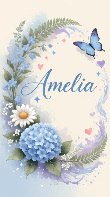 Amelia diseño 1 - Hortensias azules, flores pequeñas y acuarela suave con mariposas azules y brillo etéreo
