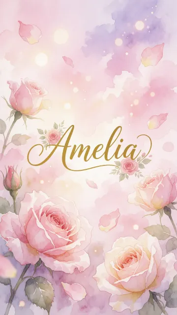 Amelia diseño 10 - Diseño estilo acuarela con un fondo etéreo y texturizado en nubes de tonos rosa pastel y lila suave. Presenta composiciones de rosas abiertas y capullos en los bordes inferior y superior, con pétalos cayendo delicadamente. Incorpora destellos de luz cálida (efecto bokeh) y, en el centro, resalta una tipografía elegante, cursiva y fluida en color dorado.