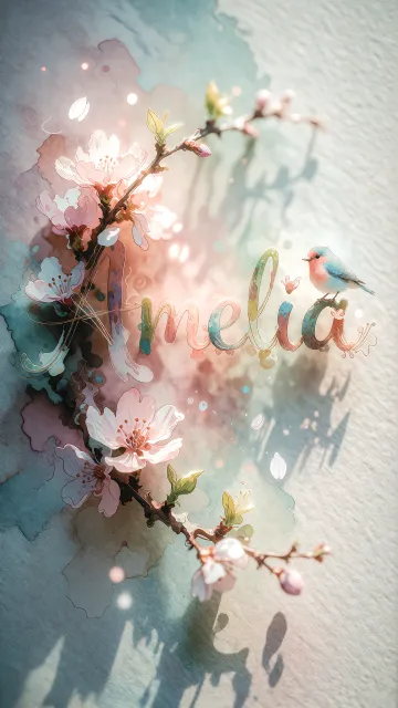 Amelia diseño 11 - Un delicado diseño de estilo acuarela digital que combina una tipografía de caligrafía personalizada para el nombre en tonos dorados y rosados suaves, adornada con pequeñas hojas y brotes. Un pajarito azul y naranja vibrante está posado en una de las letras. Todo está rodeado por un marco circular de ramas de cerezo en flor con delicadas flores rosadas y blancas. El fondo es un lavado de acuarela difuminado en tonos pastel suaves de azul cerceta, rosa rubor y melocotón sobre una textura de papel rugoso, con destellos luminosos y motas de luz bokeh flotando alrededor, creando una atmósfera mágica y soñadora. Las sombras suaves proyectadas añaden profundidad.