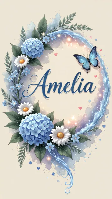 Amelia diseño 4 - Composición magica con nombre en letra cursiva azul, rodeado de hortensias azules, margaritas blancas y delicadas flores silvestres, enmarcado por suaves remolinos de agua, mariposas azules y destellos estelares sobre un fondo etéreo y romántico.