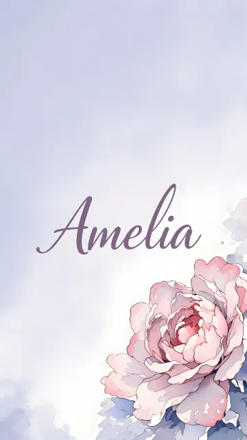 Amelia diseño 5 - Nombre en elegante tipografía cursiva caligráfica en tono lavanda, sobre fondo acuarela de cielo nublado en tonos pastel (azul, blanco, lavanda), decorado con rosa en acuarela de pétalos rosa pálido, blanco crema y lilas suaves con hojas en gris-verde.