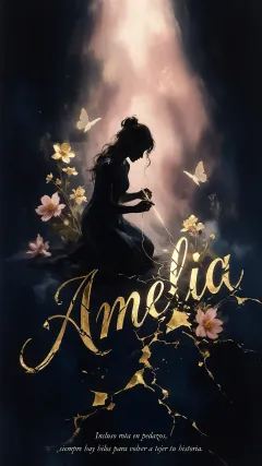 Amelia - Composición de ilustración semirrealista cinematográfica con silueta femenina tejiendo un hilo dorado de luz sobre un suelo oscuro fracturado al estilo Kintsugi, donde el nombre resalta en un prominente guión caligráfico dorado que emerge de las grietas, rodeado de flores blancas, mariposas y un fondo degradado de azules profundos iluminado por una luz celestial en tonos melocotón y crema, con una frase de aliento en tipografía blanca en la parte inferior.
