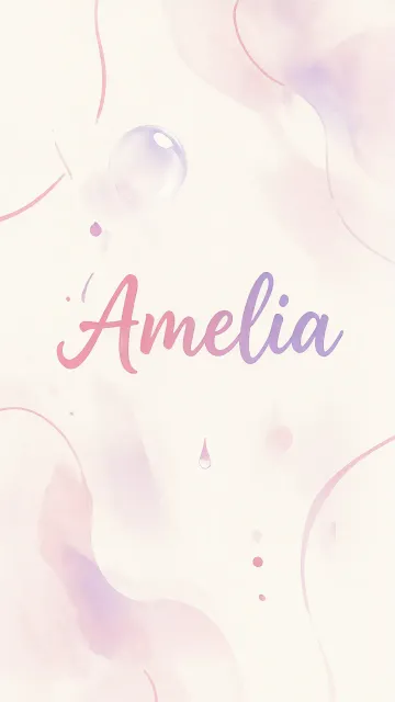 Amelia diseño 7 - Diseño abstracto en acuarela sobre fondo crema, con manchas fluidas y etéreas en rosa pastel y lila, líneas curvas que aportan movimiento, pequeñas gotas salpicadas cayendo verticalmente y una burbuja translúcida en la parte superior izquierda. El nombre resalta al centro con una tipografía cursiva amplia y elegante en degradado rosa a morado.