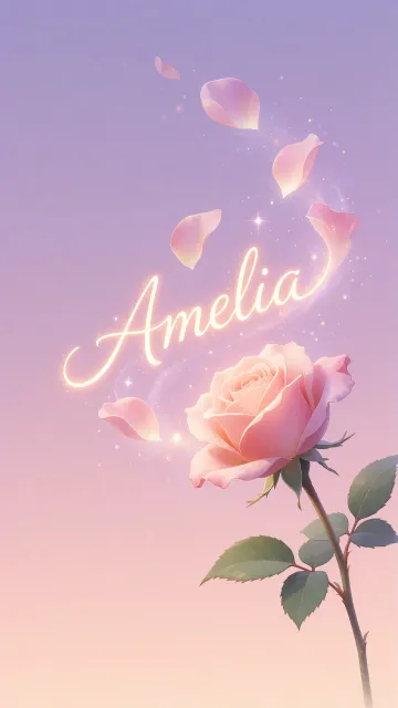 Amelia diseño 8 - Fondo de Pantalla con degradado suave que transiciona de lila en la parte superior a melocotón y rosa pastel en la base, destacando una rosa rosada hiperrealista con tallo y hojas verdes. El nombre brilla en tipografía cursiva con efecto neón cálido, adornado con pétalos cayendo y chispas de luz mágica.