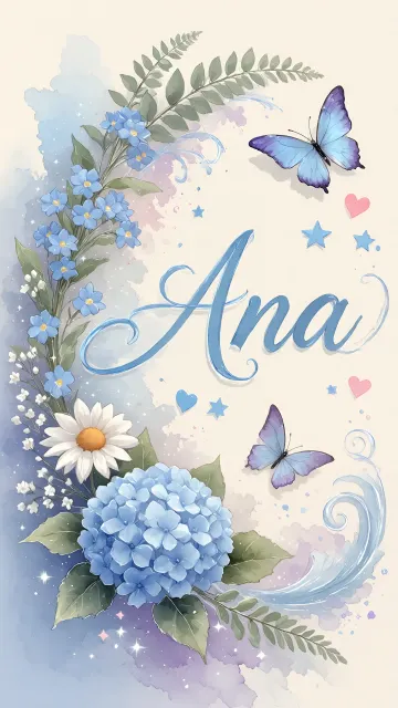 Ana diseño 1 - Hortensias azules, flores pequeñas y acuarela suave con mariposas azules y brillo etéreo