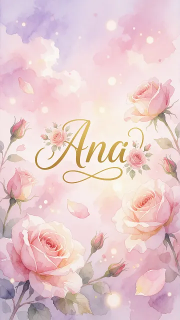 Ana diseño 10 - Diseño estilo acuarela con un fondo etéreo y texturizado en nubes de tonos rosa pastel y lila suave. Presenta composiciones de rosas abiertas y capullos en los bordes inferior y superior, con pétalos cayendo delicadamente. Incorpora destellos de luz cálida (efecto bokeh) y, en el centro, resalta una tipografía elegante, cursiva y fluida en color dorado.