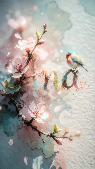 Ana diseño 11 - Un delicado diseño de estilo acuarela digital que combina una tipografía de caligrafía personalizada para el nombre en tonos dorados y rosados suaves, adornada con pequeñas hojas y brotes. Un pajarito azul y naranja vibrante está posado en una de las letras. Todo está rodeado por un marco circular de ramas de cerezo en flor con delicadas flores rosadas y blancas. El fondo es un lavado de acuarela difuminado en tonos pastel suaves de azul cerceta, rosa rubor y melocotón sobre una textura de papel rugoso, con destellos luminosos y motas de luz bokeh flotando alrededor, creando una atmósfera mágica y soñadora. Las sombras suaves proyectadas añaden profundidad.