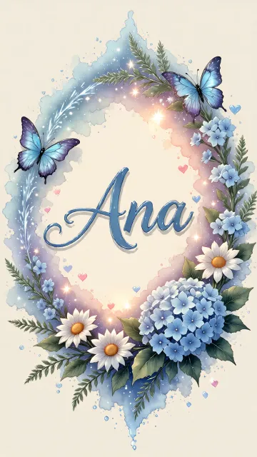 Ana diseño 4 - Composición magica con nombre en letra cursiva azul, rodeado de hortensias azules, margaritas blancas y delicadas flores silvestres, enmarcado por suaves remolinos de agua, mariposas azules y destellos estelares sobre un fondo etéreo y romántico.