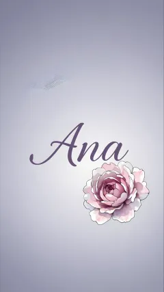 Ana - Nombre en elegante tipografía cursiva caligráfica en tono lavanda, sobre fondo acuarela de cielo nublado en tonos pastel (azul, blanco, lavanda), decorado con rosa en acuarela de pétalos rosa pálido, blanco crema y lilas suaves con hojas en gris-verde.