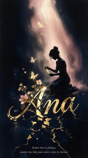 Ana diseño 6 - Composición de ilustración semirrealista cinematográfica con silueta femenina tejiendo un hilo dorado de luz sobre un suelo oscuro fracturado al estilo Kintsugi, donde el nombre resalta en un prominente guión caligráfico dorado que emerge de las grietas, rodeado de flores blancas, mariposas y un fondo degradado de azules profundos iluminado por una luz celestial en tonos melocotón y crema, con una frase de aliento en tipografía blanca en la parte inferior.
