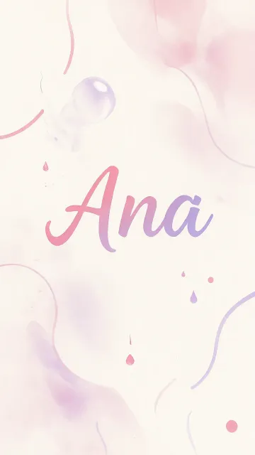 Ana diseño 7 - Diseño abstracto en acuarela sobre fondo crema, con manchas fluidas y etéreas en rosa pastel y lila, líneas curvas que aportan movimiento, pequeñas gotas salpicadas cayendo verticalmente y una burbuja translúcida en la parte superior izquierda. El nombre resalta al centro con una tipografía cursiva amplia y elegante en degradado rosa a morado.