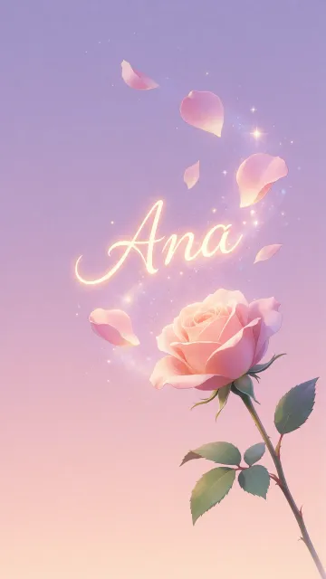 Ana diseño 8 - Fondo de Pantalla con degradado suave que transiciona de lila en la parte superior a melocotón y rosa pastel en la base, destacando una rosa rosada hiperrealista con tallo y hojas verdes. El nombre brilla en tipografía cursiva con efecto neón cálido, adornado con pétalos cayendo y chispas de luz mágica.
