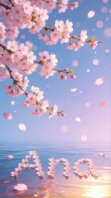 Ana diseño 9 - Composición serena y onírica con ramas de cerezo en flor (sakura) en la parte superior contra un cielo en degradado de azul suave y lila. Pétalos de color rosa pastel flotan delicadamente en el aire cayendo hacia una superficie de agua tranquila y cristalina. En el centro inferior, el nombre está formado por pétalos de flores con un sutil efecto de relieve 3D y tipografía floral, reflejándose sobre el agua que está iluminada por un cálido destello dorado de luz solar en la esquina inferior derecha.