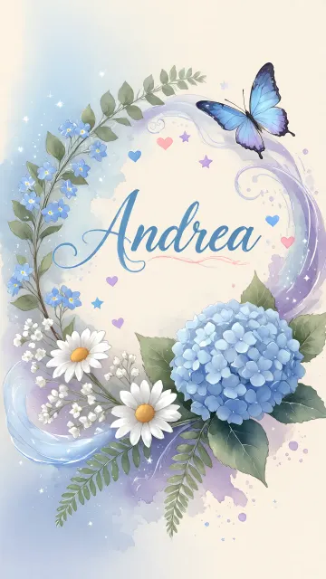 Andrea diseño 1 - Hortensias azules, flores pequeñas y acuarela suave con mariposas azules y brillo etéreo