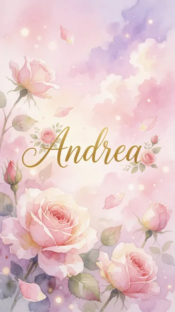 Andrea diseño 10 - Diseño estilo acuarela con un fondo etéreo y texturizado en nubes de tonos rosa pastel y lila suave. Presenta composiciones de rosas abiertas y capullos en los bordes inferior y superior, con pétalos cayendo delicadamente. Incorpora destellos de luz cálida (efecto bokeh) y, en el centro, resalta una tipografía elegante, cursiva y fluida en color dorado.