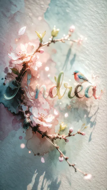 Andrea diseño 11 - Un delicado diseño de estilo acuarela digital que combina una tipografía de caligrafía personalizada para el nombre en tonos dorados y rosados suaves, adornada con pequeñas hojas y brotes. Un pajarito azul y naranja vibrante está posado en una de las letras. Todo está rodeado por un marco circular de ramas de cerezo en flor con delicadas flores rosadas y blancas. El fondo es un lavado de acuarela difuminado en tonos pastel suaves de azul cerceta, rosa rubor y melocotón sobre una textura de papel rugoso, con destellos luminosos y motas de luz bokeh flotando alrededor, creando una atmósfera mágica y soñadora. Las sombras suaves proyectadas añaden profundidad.