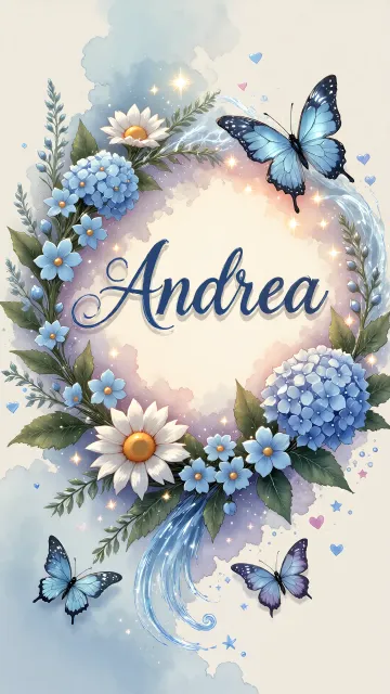 Andrea diseño 4 - Composición magica con nombre en letra cursiva azul, rodeado de hortensias azules, margaritas blancas y delicadas flores silvestres, enmarcado por suaves remolinos de agua, mariposas azules y destellos estelares sobre un fondo etéreo y romántico.