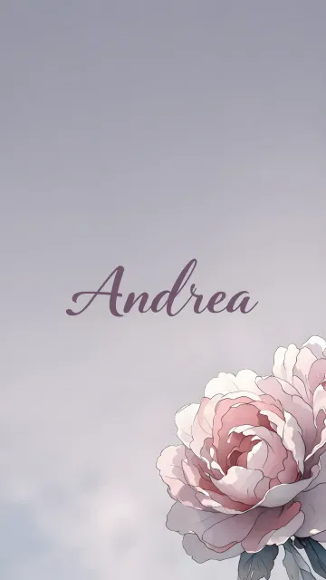 Andrea diseño 5 - Nombre en elegante tipografía cursiva caligráfica en tono lavanda, sobre fondo acuarela de cielo nublado en tonos pastel (azul, blanco, lavanda), decorado con rosa en acuarela de pétalos rosa pálido, blanco crema y lilas suaves con hojas en gris-verde.