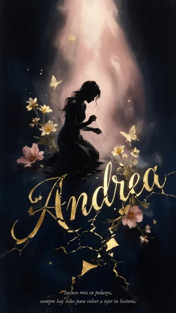 Andrea diseño 6 - Composición de ilustración semirrealista cinematográfica con silueta femenina tejiendo un hilo dorado de luz sobre un suelo oscuro fracturado al estilo Kintsugi, donde el nombre resalta en un prominente guión caligráfico dorado que emerge de las grietas, rodeado de flores blancas, mariposas y un fondo degradado de azules profundos iluminado por una luz celestial en tonos melocotón y crema, con una frase de aliento en tipografía blanca en la parte inferior.