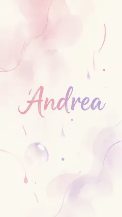 Andrea - Diseño abstracto en acuarela sobre fondo crema, con manchas fluidas y etéreas en rosa pastel y lila, líneas curvas que aportan movimiento, pequeñas gotas salpicadas cayendo verticalmente y una burbuja translúcida en la parte superior izquierda. El nombre resalta al centro con una tipografía cursiva amplia y elegante en degradado rosa a morado.