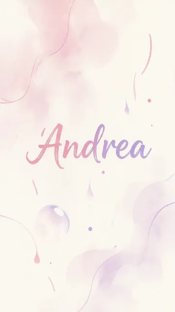 Andrea diseño 7 - Diseño abstracto en acuarela sobre fondo crema, con manchas fluidas y etéreas en rosa pastel y lila, líneas curvas que aportan movimiento, pequeñas gotas salpicadas cayendo verticalmente y una burbuja translúcida en la parte superior izquierda. El nombre resalta al centro con una tipografía cursiva amplia y elegante en degradado rosa a morado.