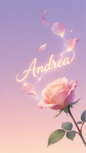 Andrea diseño 8 - Fondo de Pantalla con degradado suave que transiciona de lila en la parte superior a melocotón y rosa pastel en la base, destacando una rosa rosada hiperrealista con tallo y hojas verdes. El nombre brilla en tipografía cursiva con efecto neón cálido, adornado con pétalos cayendo y chispas de luz mágica.