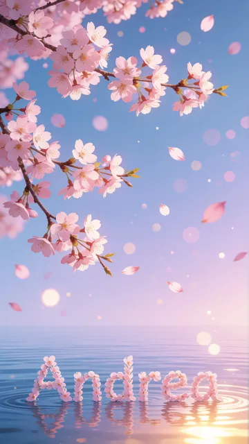 Andrea diseño 9 - Composición serena y onírica con ramas de cerezo en flor (sakura) en la parte superior contra un cielo en degradado de azul suave y lila. Pétalos de color rosa pastel flotan delicadamente en el aire cayendo hacia una superficie de agua tranquila y cristalina. En el centro inferior, el nombre está formado por pétalos de flores con un sutil efecto de relieve 3D y tipografía floral, reflejándose sobre el agua que está iluminada por un cálido destello dorado de luz solar en la esquina inferior derecha.