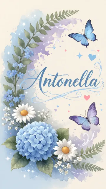 Antonella diseño 1 - Hortensias azules, flores pequeñas y acuarela suave con mariposas azules y brillo etéreo