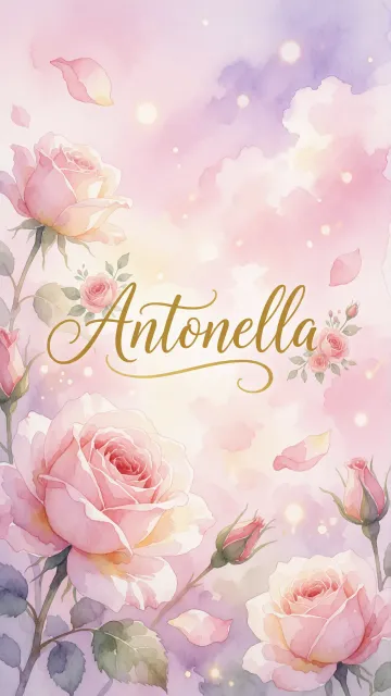 Antonella diseño 10 - Diseño estilo acuarela con un fondo etéreo y texturizado en nubes de tonos rosa pastel y lila suave. Presenta composiciones de rosas abiertas y capullos en los bordes inferior y superior, con pétalos cayendo delicadamente. Incorpora destellos de luz cálida (efecto bokeh) y, en el centro, resalta una tipografía elegante, cursiva y fluida en color dorado.