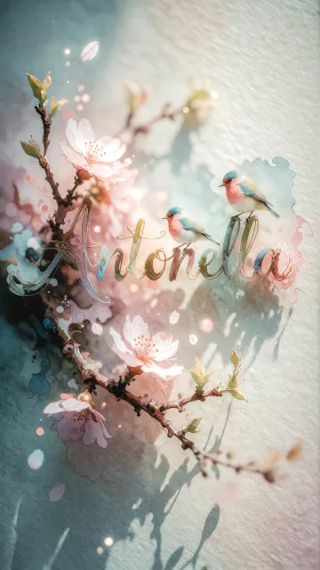 Antonella diseño 11 - Un delicado diseño de estilo acuarela digital que combina una tipografía de caligrafía personalizada para el nombre en tonos dorados y rosados suaves, adornada con pequeñas hojas y brotes. Un pajarito azul y naranja vibrante está posado en una de las letras. Todo está rodeado por un marco circular de ramas de cerezo en flor con delicadas flores rosadas y blancas. El fondo es un lavado de acuarela difuminado en tonos pastel suaves de azul cerceta, rosa rubor y melocotón sobre una textura de papel rugoso, con destellos luminosos y motas de luz bokeh flotando alrededor, creando una atmósfera mágica y soñadora. Las sombras suaves proyectadas añaden profundidad.