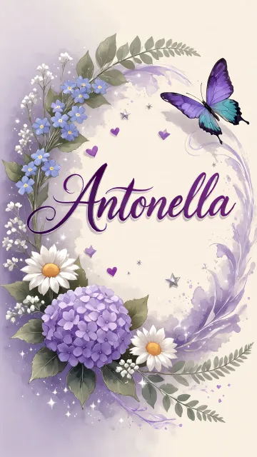 Antonella diseño 2 - Diseño elegante de hortensias en tonos lila y morados suaves, con volutas estilizadas y una mariposa mística que aporta un toque etéreo y mágico.
