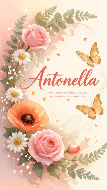 Antonella diseño 3 - Elegante composición de rosas rosadas y amapolas naranjas con mariposas doradas brillantes sobre un fondo cálido, romántico y mágico.