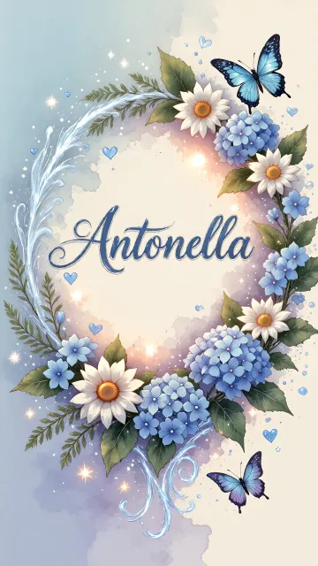 Antonella diseño 4 - Composición magica con nombre en letra cursiva azul, rodeado de hortensias azules, margaritas blancas y delicadas flores silvestres, enmarcado por suaves remolinos de agua, mariposas azules y destellos estelares sobre un fondo etéreo y romántico.