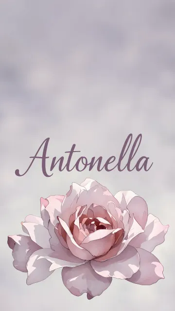 Antonella diseño 5 - Nombre en elegante tipografía cursiva caligráfica en tono lavanda, sobre fondo acuarela de cielo nublado en tonos pastel (azul, blanco, lavanda), decorado con rosa en acuarela de pétalos rosa pálido, blanco crema y lilas suaves con hojas en gris-verde.