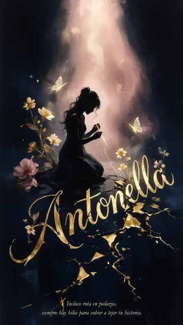 Antonella diseño 6 - Composición de ilustración semirrealista cinematográfica con silueta femenina tejiendo un hilo dorado de luz sobre un suelo oscuro fracturado al estilo Kintsugi, donde el nombre resalta en un prominente guión caligráfico dorado que emerge de las grietas, rodeado de flores blancas, mariposas y un fondo degradado de azules profundos iluminado por una luz celestial en tonos melocotón y crema, con una frase de aliento en tipografía blanca en la parte inferior.